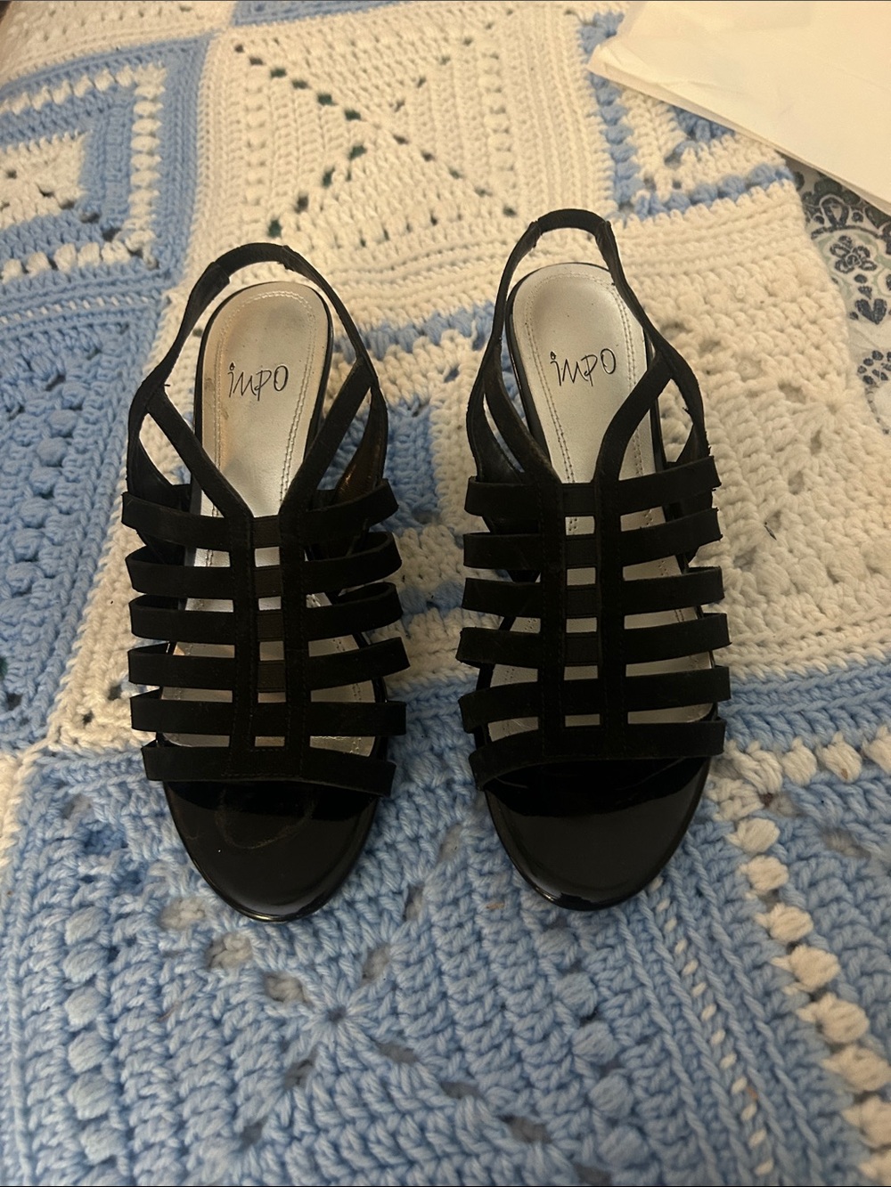 Impo Black Strappy Cage Slingback Heels